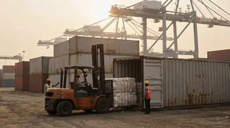 Forklift loading cotton bales into a shipping container at a port