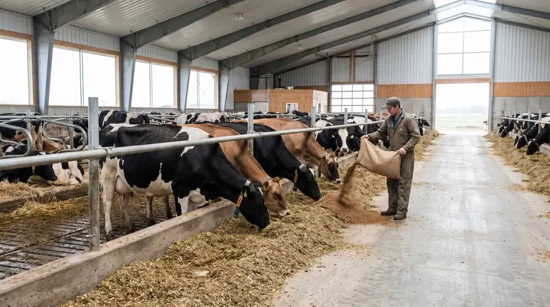 Dairy cows eating at a feed trough as a worker pours cottonseed meal
