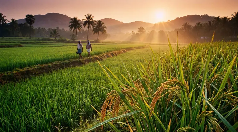 Ripening rice paddy fields in India at sunrise