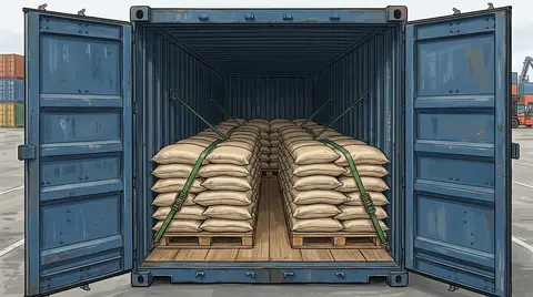 Illustration of plain sacks stacked on wooden pallets and strapped inside an open shipping container