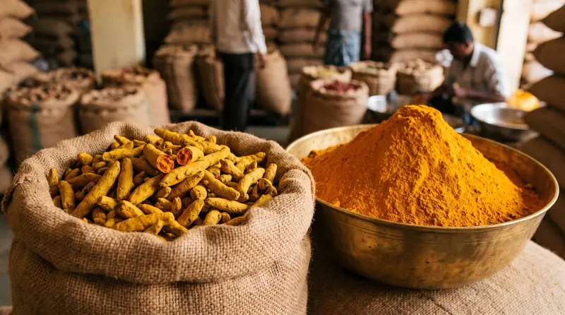 Dried turmeric fingers in a jute sack beside a bowl of turmeric powder
