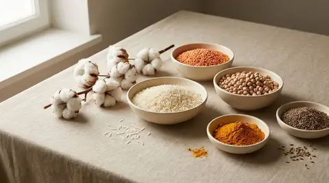 Illustrative still life of cotton, rice, lentils, chickpeas and spices on neutral linen
