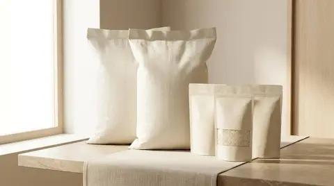Illustrative concept of unbranded bulk rice sacks and plain retail pouches on a neutral surface