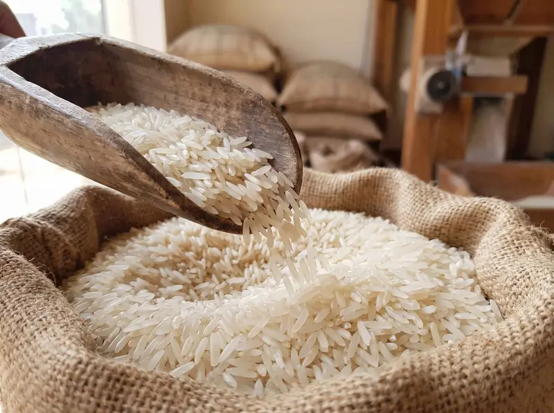 Long-grain basmati rice pouring from a wooden scoop into a jute sack