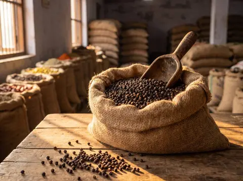 Whole black peppercorns heaped in an open jute sack with a wooden scoop, a few scattered on the wooden table in front