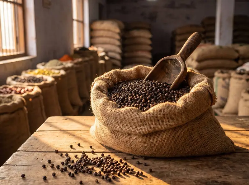 Whole black peppercorns heaped in an open jute sack with a wooden scoop, a few scattered on the wooden table in front