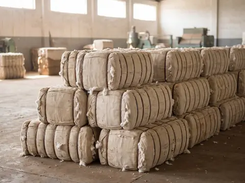 Pressed cotton bales wrapped in cloth and steel straps, stacked in a ginning warehouse