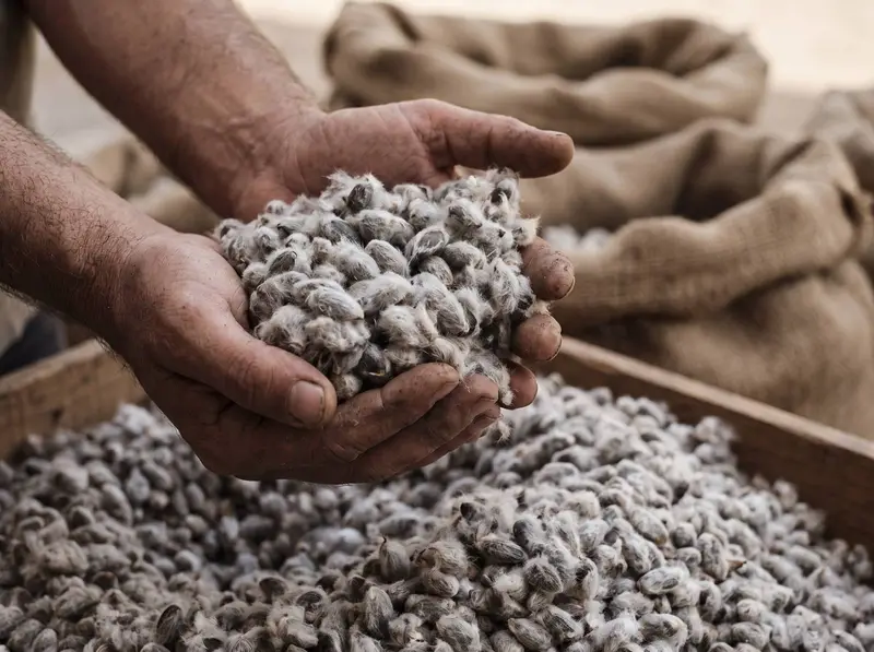 Hands lifting raw fuzzy cotton seeds from a heap