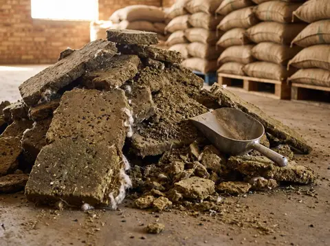 Broken slabs and flakes of de-oiled cottonseed cake with a metal scoop