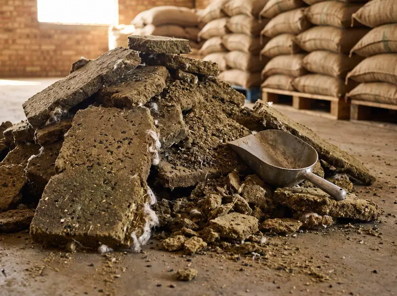 Broken slabs and flakes of de-oiled cottonseed cake with a metal scoop